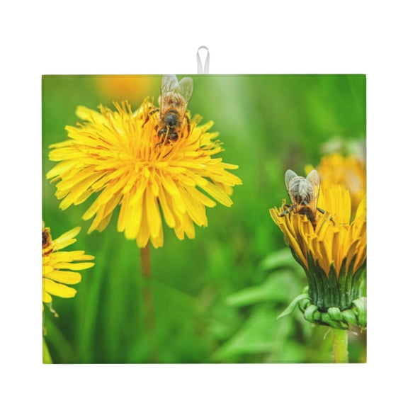 Naloa Bees Pollinates A Yellow Dandelion Dish Drying Mat for Kitchen Counter, Heat Resistant Drainer Mats, Absorbent Draining Mat,Dish Rack Pad,16"x18"