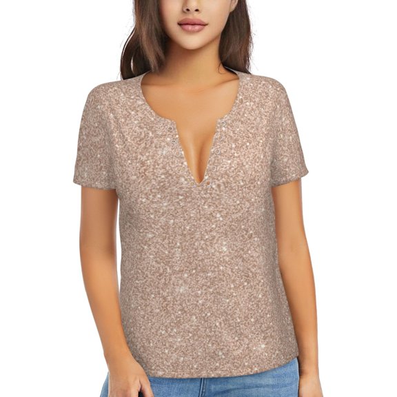 Naloa Beige Sparkling Glitter Print T-Shirts Short Sleeve V Neck Tees for Women Fashion Tops Trendy Lightweight Soft Casual Summer Outfits Clothes