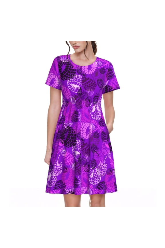 Berry Raspberry Print Womens Summer A-Line Dress with Pockets,Short Sleeve Dresses,Flowy Beach Swing Dress for Vacation Travel