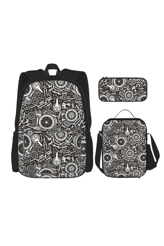 Bicycles Parts Print Large Capacity Backpack Lunch Bag Pencil Case Combination 3 Piece Set for Student