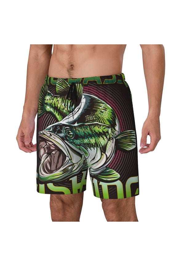 Big Bass Fish Print Men Swim Trunks with Compression Liner ,Board Shorts,Men's Swim Shorts with Drawstring and Elastic Waistband-XX-Large