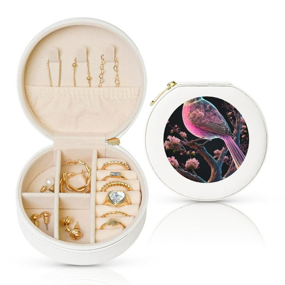 Naloa Bird 2 Round Jewelry Box, Travel Jewelry Organizer, 3.9 x 3.9 x 2in Jewelry Storage Box for Women-White