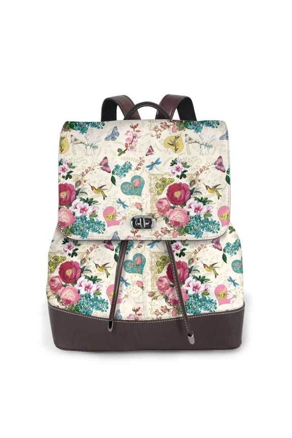 Gaeub Bird Butterfly Rose Print Women's Leather Backpack,Travel Laptop Backpack,Fashion Ladies Leather Backpack Bag for Travel,Leather Drawstring Daypack for Me