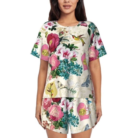 Naloa Bird Butterfly Rose Women's Short-Sleeved Pajama Set, Loungewear, Summer pajamas, Breathable Cozy - Medium