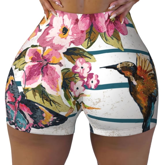 Naloa Bird and Floral Biker Shorts for Women Seamless Scrunch Short Women’s Yoga Shorts for Gym Running Sport Shorts - Medium