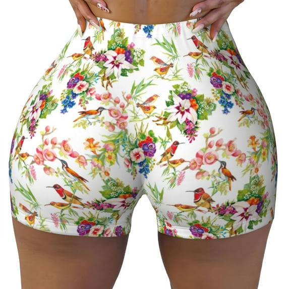 Naloa Birds And Flowers Biker Shorts for Women Seamless Scrunch Short Women’s Yoga Shorts for Gym Running Sport Shorts - Medium