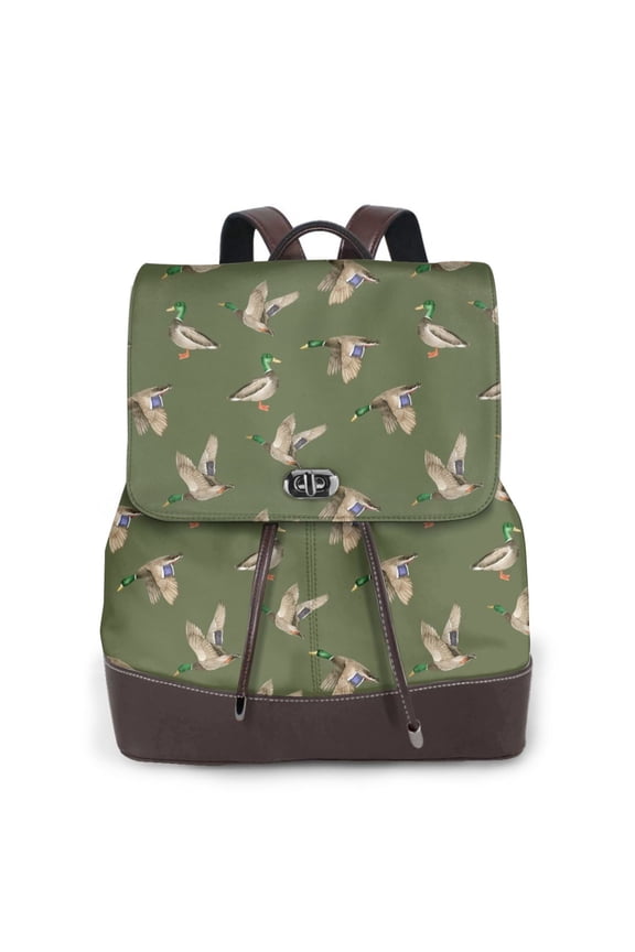 Birds Wild Ducks Print Women's Leather Backpack,Travel Laptop Backpack,Fashion Ladies Leather Backpack Bag for Travel,Leather Drawstring Daypack for Me