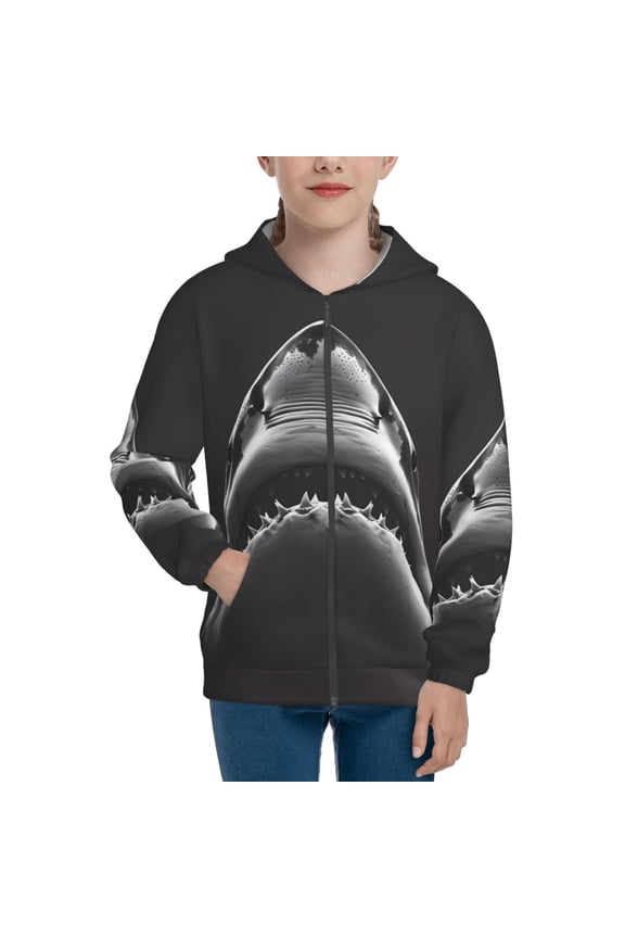 Black And White Shark Teenage Zipper Hoodie, Long Sleeve Zip Up Hoodies Casual Jackets Tops for 7-12 Years-Medium