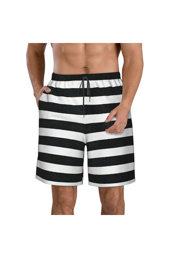 Black And White Stripes Men's Beach Shorts, Surfing shorts, Swim trunks, Quick Dry Swim Trunks for Surfing Beach Fun - X-Large