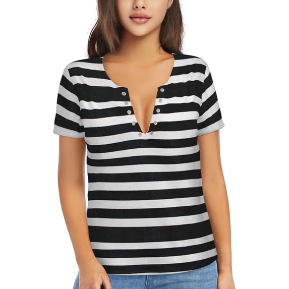 Naloa Black And White Stripes Print T-Shirts Short Sleeve V Neck Tees for Women Fashion Tops Trendy Lightweight Soft Casual Summer Outfits Clothes