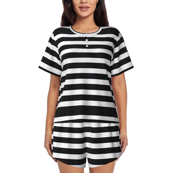 Naloa Black And White Stripes Women's Short-Sleeved Pajama Set, Loungewear, Summer pajamas, Breathable Cozy - 3X-Large