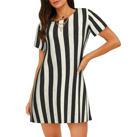 Naloa Black And White Thick Stripes Print Women Nightgowns,Womens Loungewear,Short Sleeve Sleepwear,Comfy Ladies Nightdress