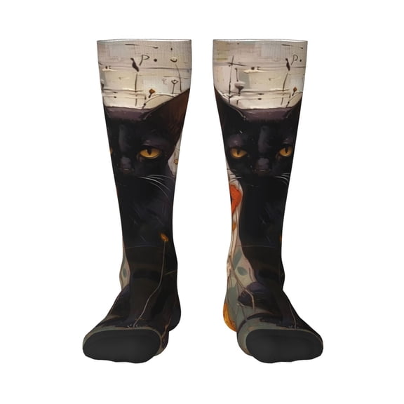 Naloa Black Cat in Wildflowers Knee Socks, High Socks Long Stretchy Sock Women Knee High Stocking, Long Socks for Women