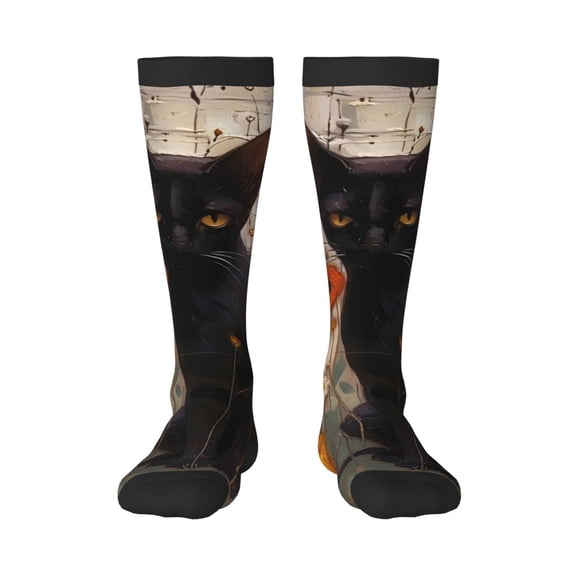 Naloa Black Cat in Wildflowers Knee Socks, High Socks Long Stretchy Sock Women Knee High Stocking, Long Socks for Women