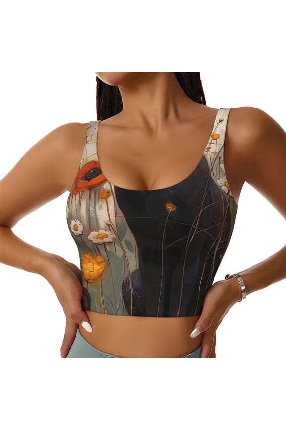 Black Cat in Wildflowers Sports Bras for Women,Sports Bras for Women High Support with Removable Pads-
