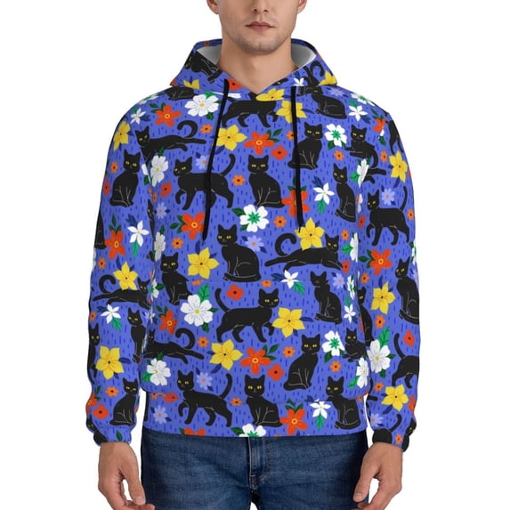 Naloa Black Cats And Flowers Men's Casual Hooded Collar Drawstring Hoodies Pullover Sweatshirts Casual Long Sleeve Shirts-4X-Large