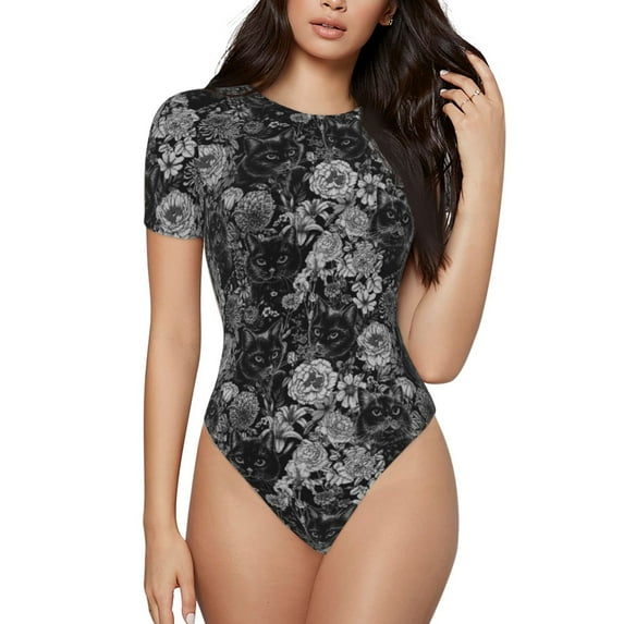 Naloa Black Cats In A Garden Bodysuits for Women, Women's Short-Sleeved Onesie, One-Piece for Parties, dates, clubs-Large