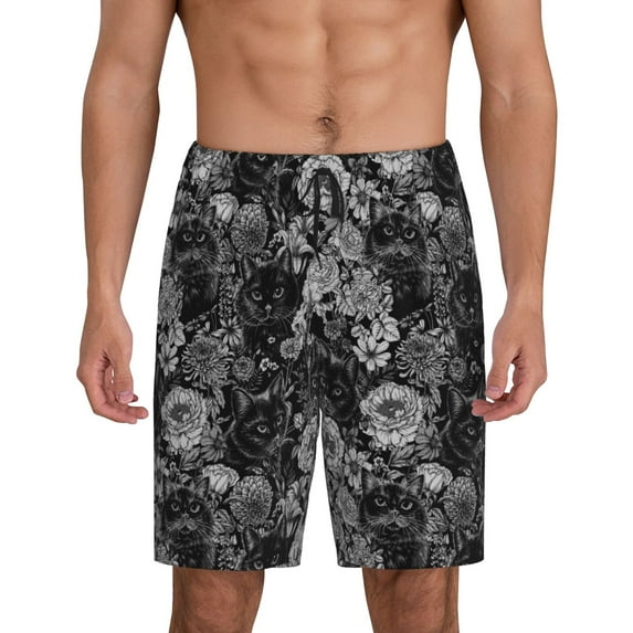 Naloa Black Cats In A Garden Men's Short Pajama Pants, Pj Shorts, Lounge Comfort Shorts-3X-Large