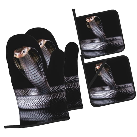 Naloa Black Cobra Snake Oven Mitts and Pot Holders 4 pcs Set, Cooking Baking Grilling Kitchen Oven Glove for Cooking