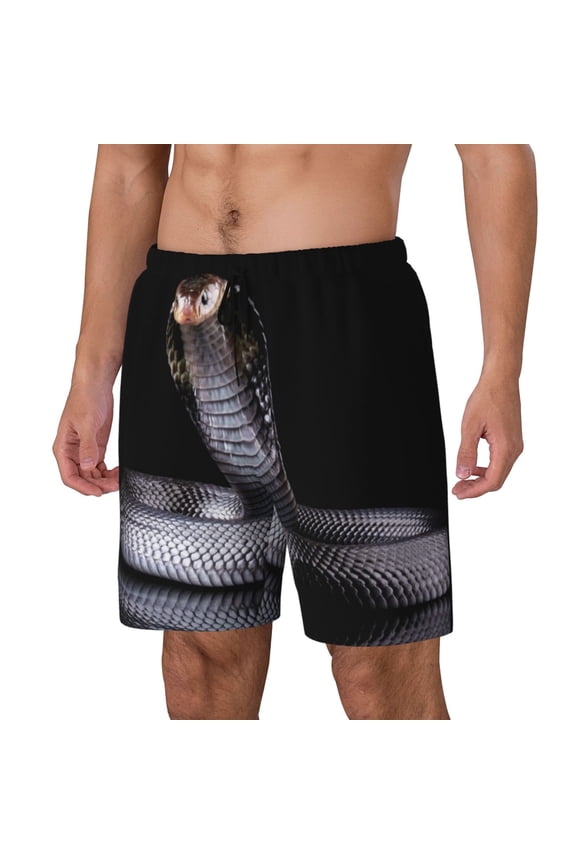 Black Cobra Snake Print Men Swim Trunks with Compression Liner ,Board Shorts,Men's Swim Shorts with Drawstring and Elastic Waistband-Small