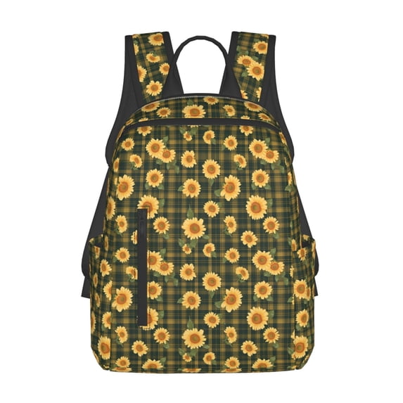 Naloa Black Ink Green Plaid Sunflower Print Lightweight DayBackpack Suitable for school, work, shopping, travel, etc.