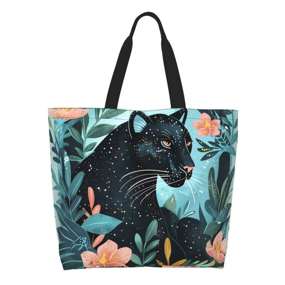 Naloa Black Panther Floral Illustration Tote Bag for Women Large Capacity Shoulder Bag for College Work Travel Shopping