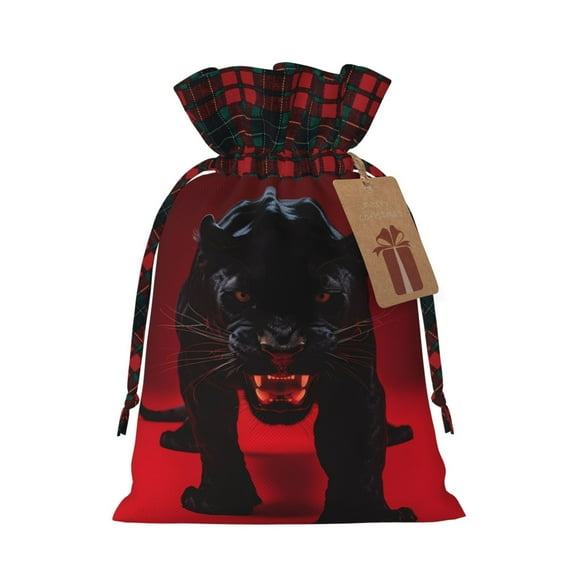 Naloa Black Panther Red Background Christmas Gift Bags Christmas Drawstring Gift Bags Christmas Trees Decorations Indoor Holiday Party Christmas Treat Bags-Black