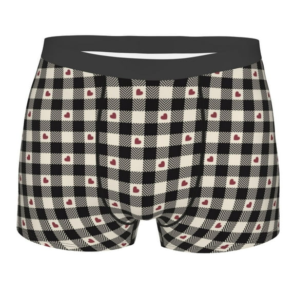 Naloa Black Plaid Heart Print Mens Underwear - Boxers for Men, Classic Briefs for Men