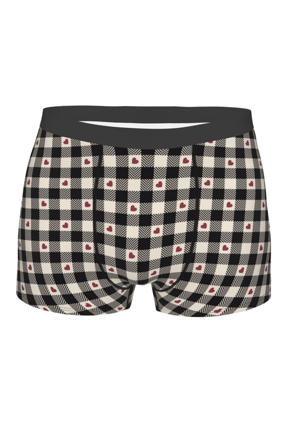 Black Plaid Heart Print Mens Underwear - Boxers for Men, Classic Briefs for Men