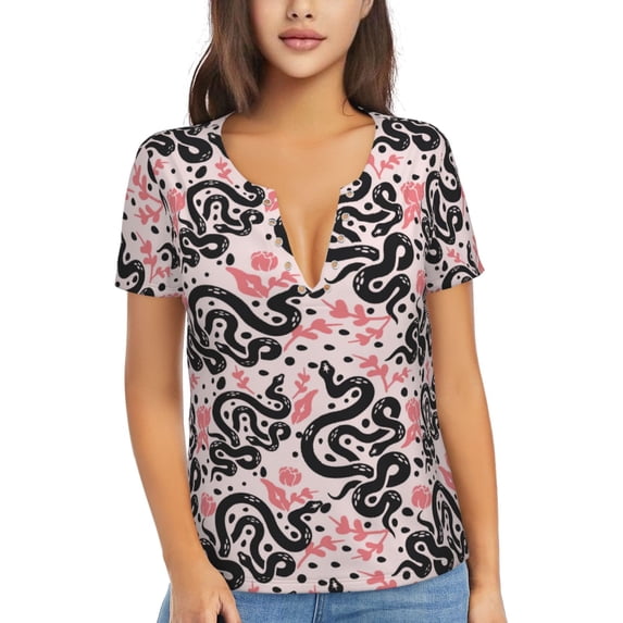 Naloa Black Snake Print T-Shirts Short Sleeve V Neck Tees for Women Fashion Tops Trendy Lightweight Soft Casual Summer Outfits Clothes