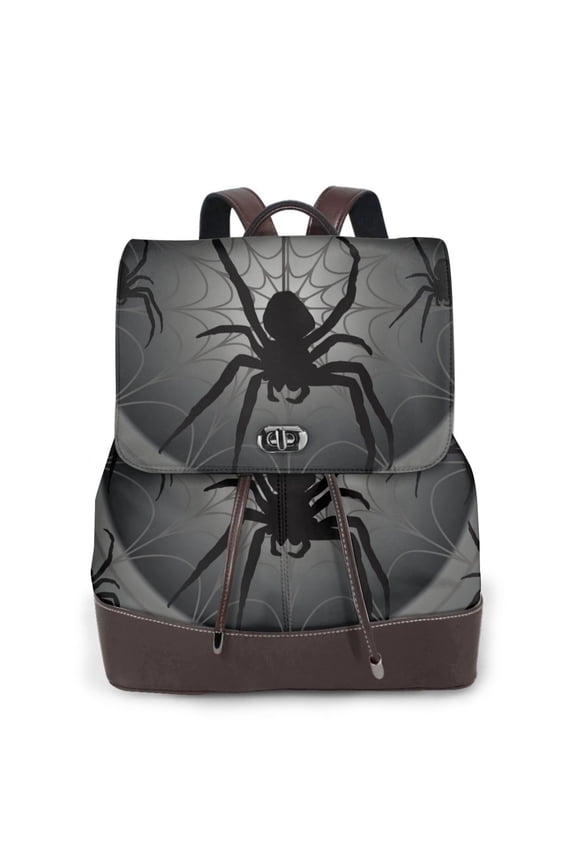 Black Spiders Print Women's Leather Backpack,Travel Laptop Backpack,Fashion Ladies Leather Backpack Bag for Travel,Leather Drawstring Daypack for Me