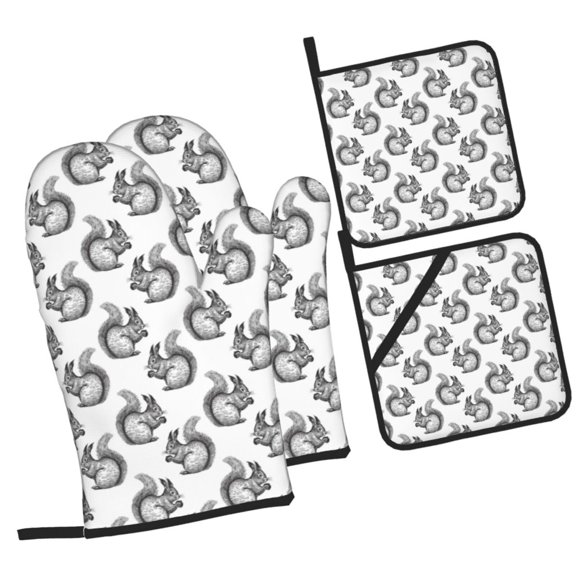 Naloa Black Squirrel Oven Mitts and Pot Holders 4 pcs Set, Cooking Baking Grilling Kitchen Oven Glove for Cooking