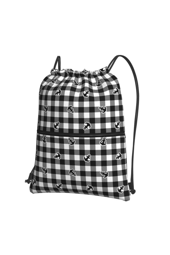 Black Tartan Plaid Drawstring Backpack String Bag Cinch Water Resistant for Gym Shopping Sport Yoga