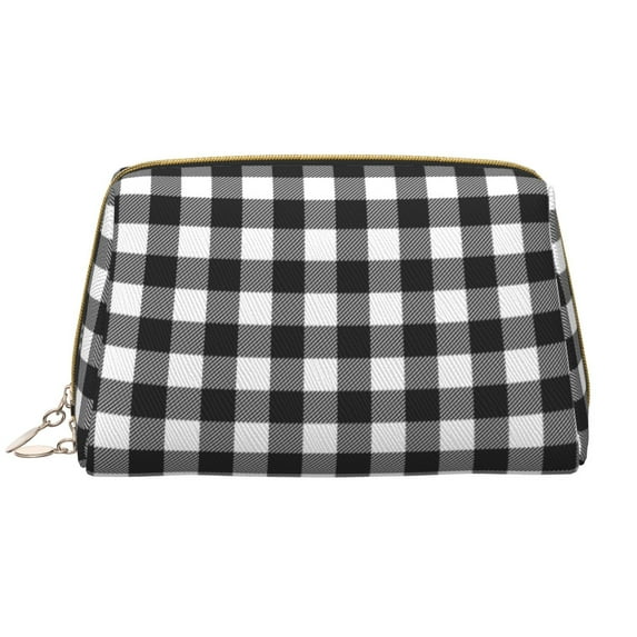 Naloa Black White Plaid Leather Makeup Bag for Purse Travel, Portable Small Cosmetic Organizer for Women and Girls, Make up Bag with Zipper