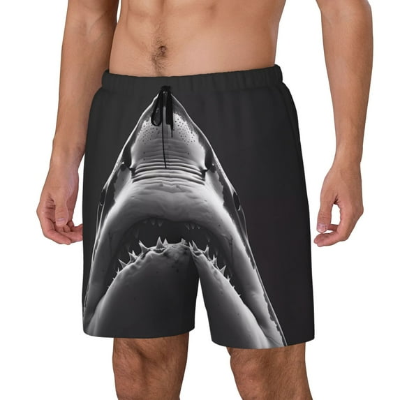 Naloa Black And White Shark Print Men Swim Trunks with Compression Liner ,Board Shorts,Men's Swim Shorts with Drawstring and Elastic Waistband-3X-Large