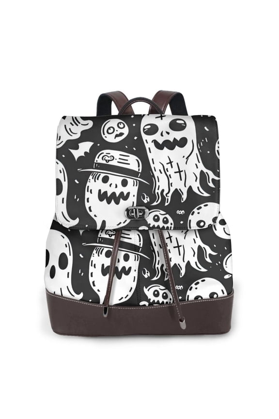 Naloa Black White Spooky Ghosts Print Leather Backpack Purse for Women and Ladies,Shoulder Travel Daypacks Bags,Laptop Backpack for Women