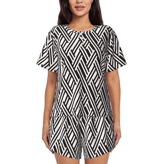 Naloa Black White Stripes Women's Short-Sleeved Pajama Set, Loungewear, Summer pajamas, Breathable Cozy - Medium