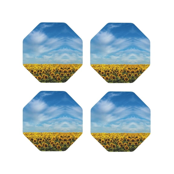 Naloa Blooming Sunflower Field Leather Coasters for Drinks, Durable Drink Coasters 4 Set for Tabletop Protection, Luxurious Home Décor and Housewarming Gift ( {designName})Octagon