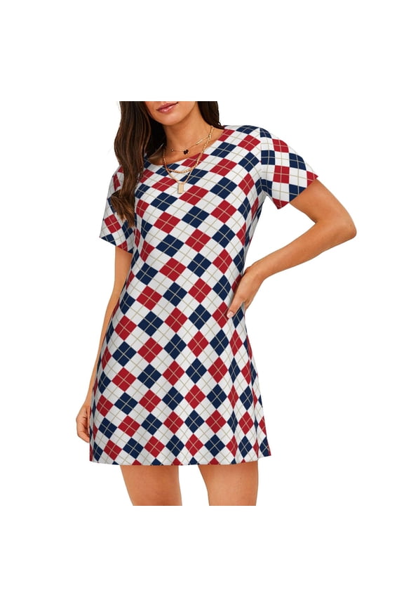 Blue And Red Diamond Print Women Nightgowns,Womens Loungewear,Short Sleeve Sleepwear,Comfy Ladies Nightdress