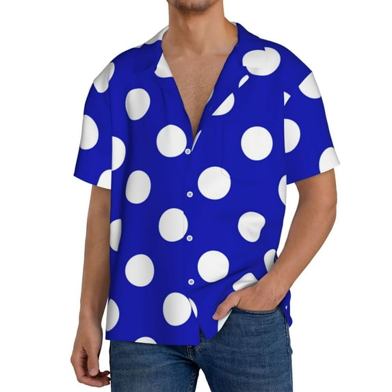 Naloa Blue And White Polka Dot Men's Loose Fit Cuban Collar Short-Sleeve Shirt, Hawaiian Shirts, Mens Shirts Casual for Everyday Wear Outings-XX-Large