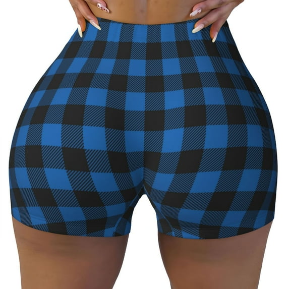 Naloa Blue Black Plaid Biker Shorts for Women Seamless Scrunch Short Women’s Yoga Shorts for Gym Running Sport Shorts - XX-Large