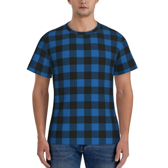 Naloa Blue Black Plaid Men's T-Shirt Sport T-shirt Men's Basic Tee Casual Men's Shirt, Round Neck, Short Sleeves - Small