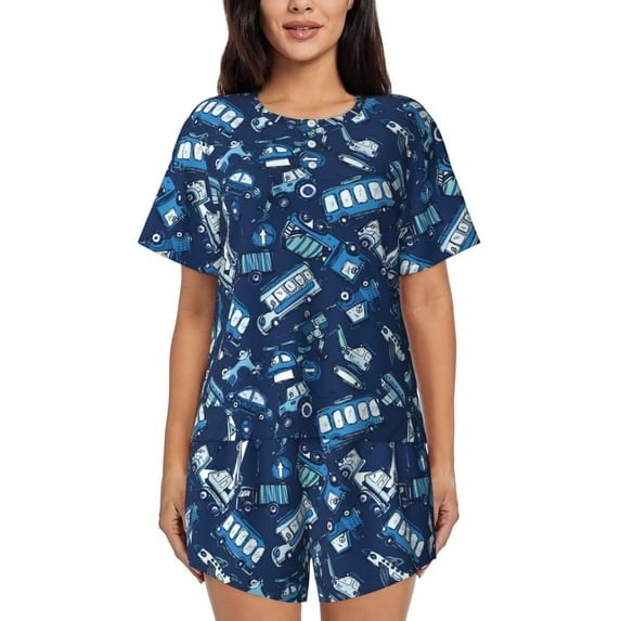 Naloa Blue Bus Women's Short-Sleeved Pajama Set, Loungewear, Summer pajamas, Breathable Cozy - Large