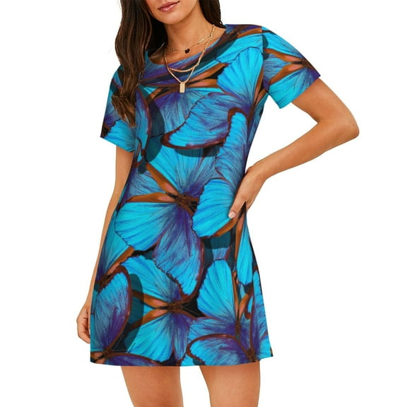 Naloa Blue Butterflies Print Women Nightgowns,Womens Loungewear,Short Sleeve Sleepwear,Comfy Ladies Nightdress