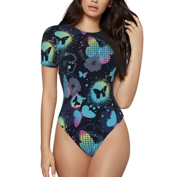 Naloa Blue Butterfly Women's Short-Sleeved Onesie, One-Piece Swimsuit for Parties, dates, clubs - Small