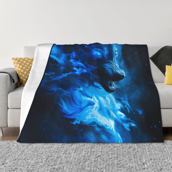 Naloa Blue Fire Cool Wolf Flannel Blankets - Thick and Warm Blanket for Winter, Soft Fuzzy Plush King Blanket for All Seasons50"x40"