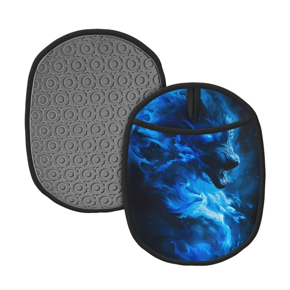 Naloa Blue Fire Cool Wolf Silicone Pot Holders, Oven Mitts Heat Resistant Hot Pads, Non Slip Pot Holder for Kitchen Baking and Cooking 9.4 x 7.5 Inches