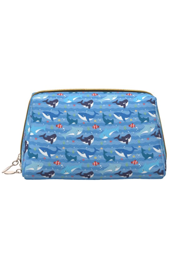 Blue Fish Leather Makeup Bag for Purse Travel, Portable Small Cosmetic Organizer for Women and Girls, Make up Bag with Zipper