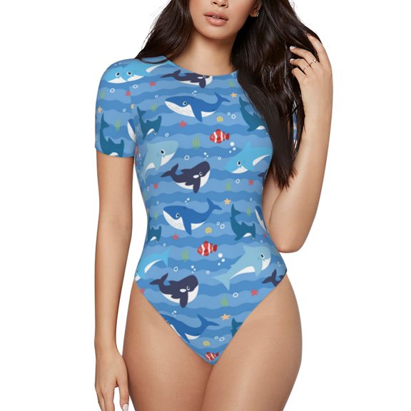 Naloa Blue Fish Women's Short-Sleeved Onesie, One-Piece Swimsuit for Parties, dates, clubs - Large