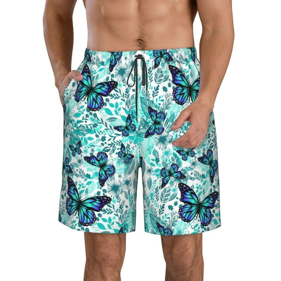 Naloa Blue Floral with Butterflies Men's Beach Shorts, Surfing shorts, Swim trunks, Quick Dry Swim Trunks for Surfing Beach Fun - Medium